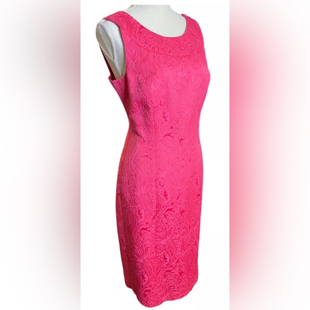 Talbots Vibrant Hot Pink Brocade Fitted Sleeveless lined Dress 14
